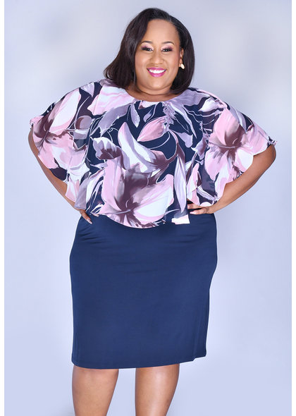 INDRE-Plus Size Printed Caplet Dress