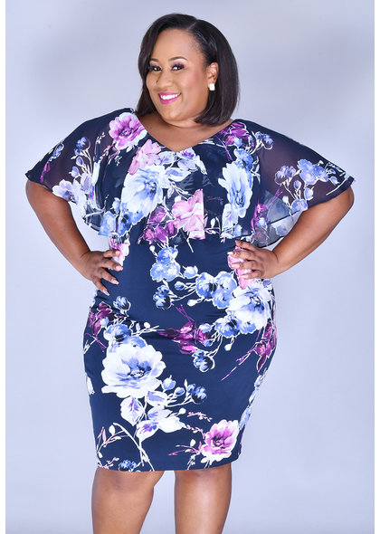 YENA- Plus Size Floral Print Caplet Dress