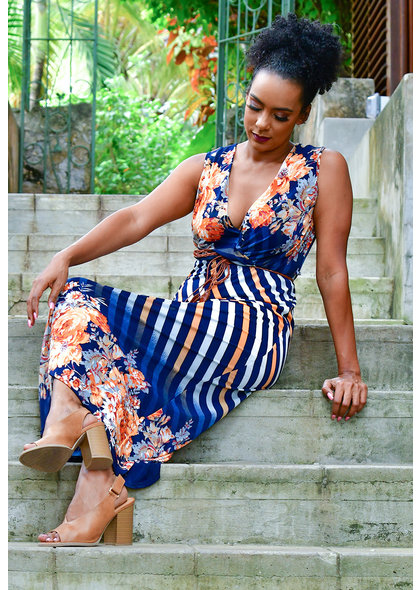 ACE Fashions ISHARA- Floral Print Maxi Dress with Belt-like Sash