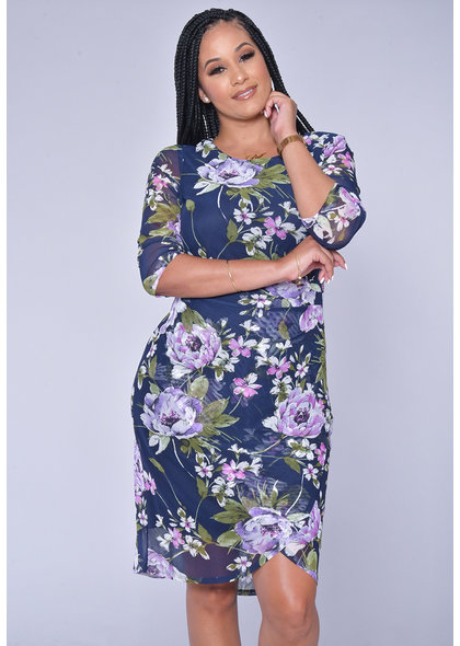 MEKA- Floral Print Faux Wrap Dress