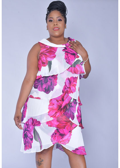 FYFFE- Plus Size Printed Cowl Neck Chiffon Layered Dress