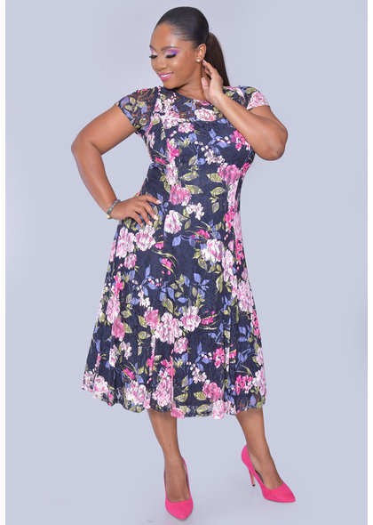 LORA- Floral Fit & Flare Short Sleeve Dress