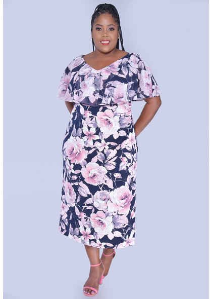 ISABEL- Plus Size Floral V-Neck Dress With Ruffle
