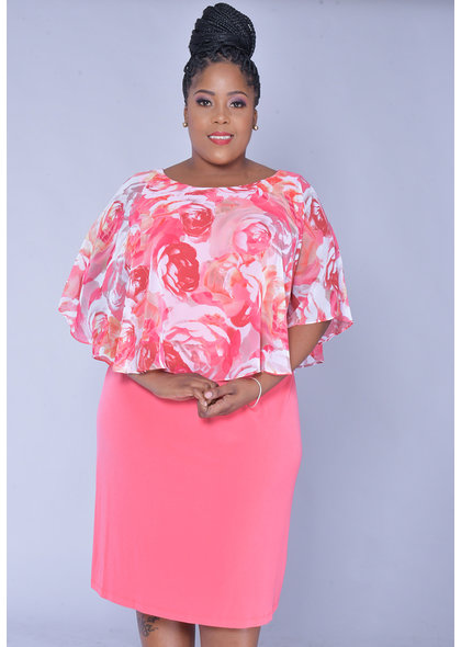 INDRE-Plus Size Printed Caplet Dress