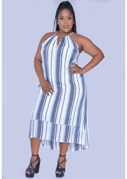 MLLE Gabrielle GESINE- Plus Size Striped Layered High Low Dress