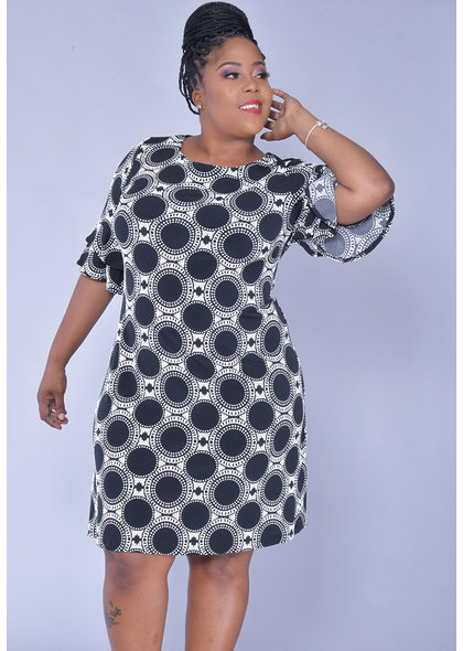 YAMKA- Plus Size Print Dress with Ruffle on Sleeve