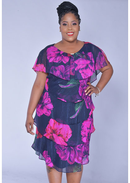 FELICIDAD-Plus Size Floral Print Shutter Dress