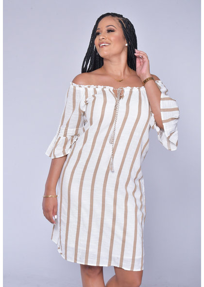 MLLE Gabrielle KORAH- Striped Off Shoulder Bell Sleeve Dress