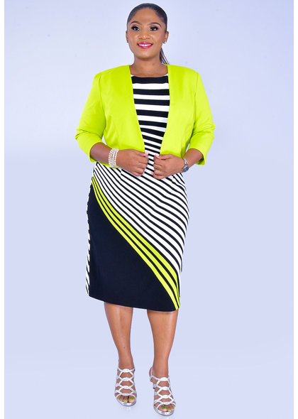 EBELE- Plus Size Stripe and Solid Dress and Jacket