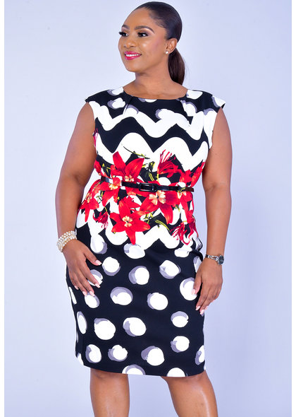 RODERIGA- Mix Pattern Dress with Thin Belt