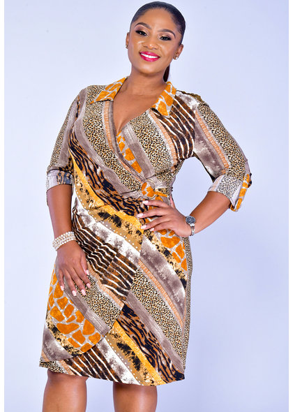 GLAMOUR IANN-Printed Three Quarter Sleeve Faux Wrap Dress