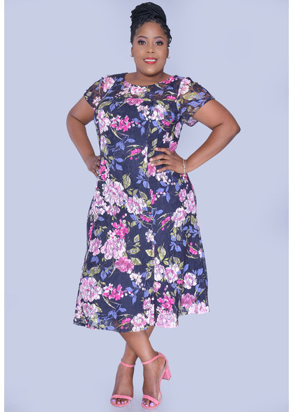 LORA- Plus Size Floral Fit & Flare Short Sleeve Dress