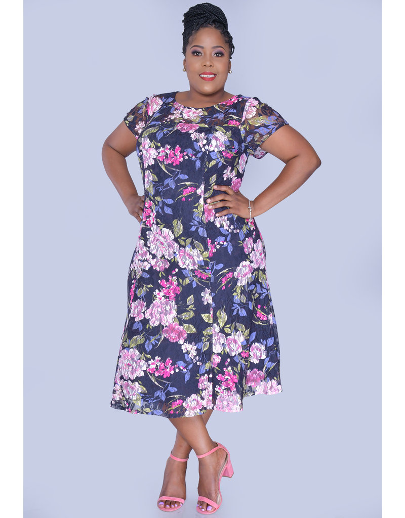 LORA- Plus Size Floral Fit & Flare Short Sleeve Dress
