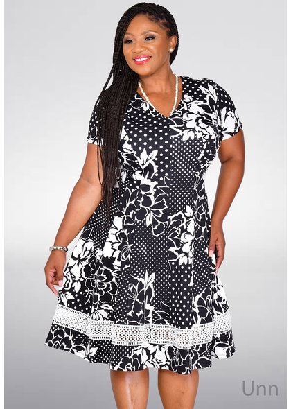 Signature UNN- Printed Short Sleeve Fit & Flare Dress