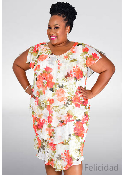 FELICIDAD- Plus Size V-Neck Floral Print Shutter Dress