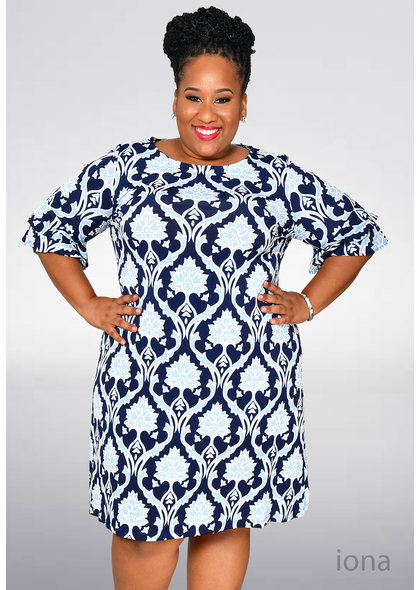 INOA- Plus Size Puff Print Dress with Ruffle Sleeve