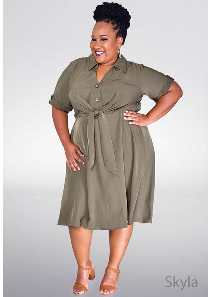 Signature SKYLA- Plus Size Dress with Buttons & Tie @ Front