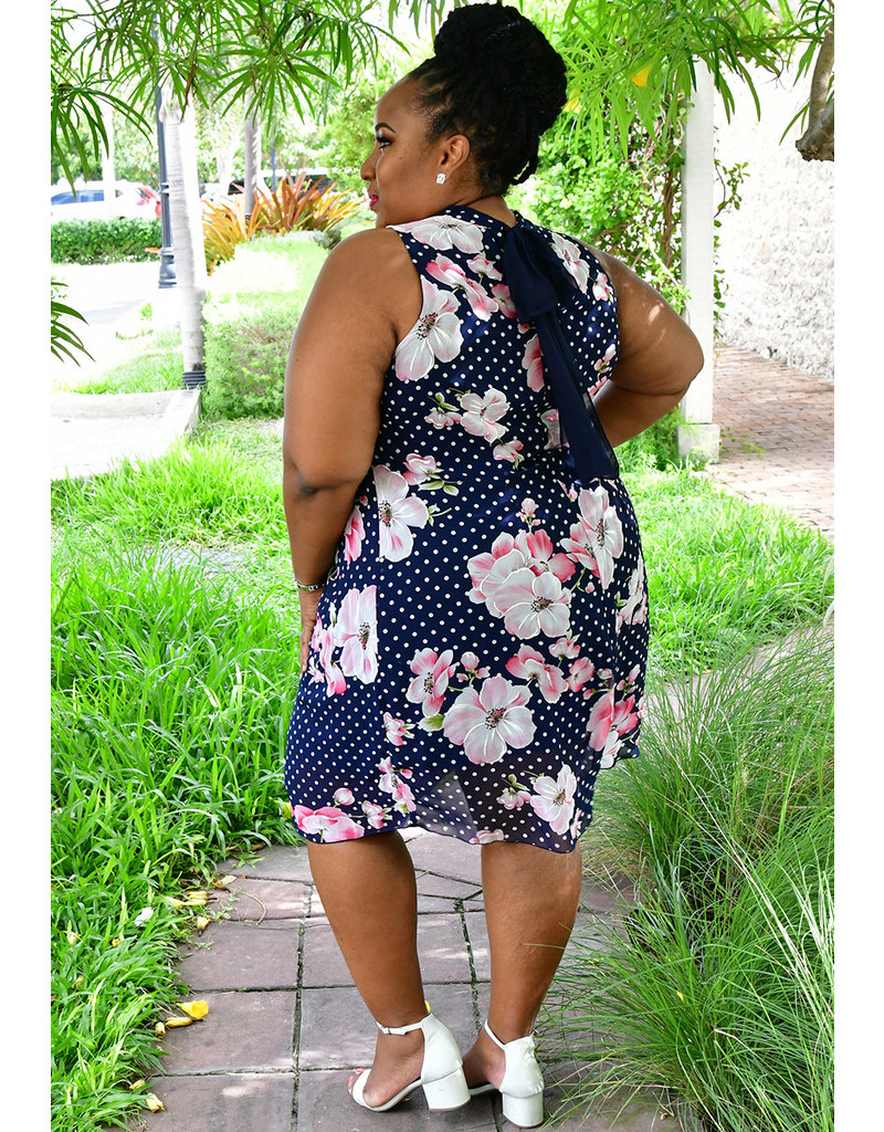 Signature FLAVIA- Plus Size Floral and Polka Dot High Neckline Dress