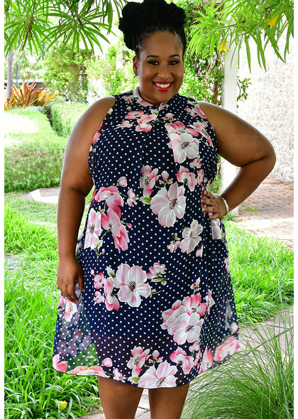 Signature FLAVIA- Plus Size Floral and Polka Dot High Neckline Dress
