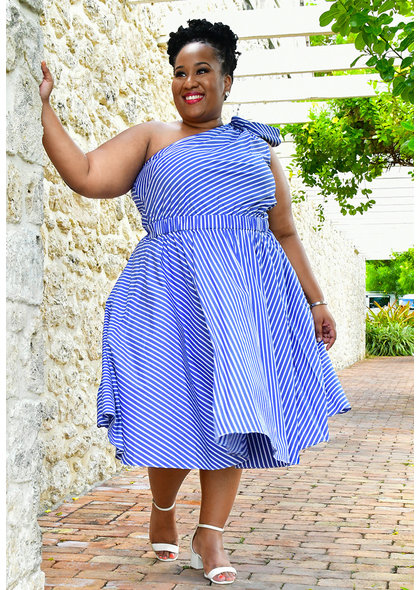 Eliza J KENA- Plus Size Off Shoulder Striped Dress with Bow