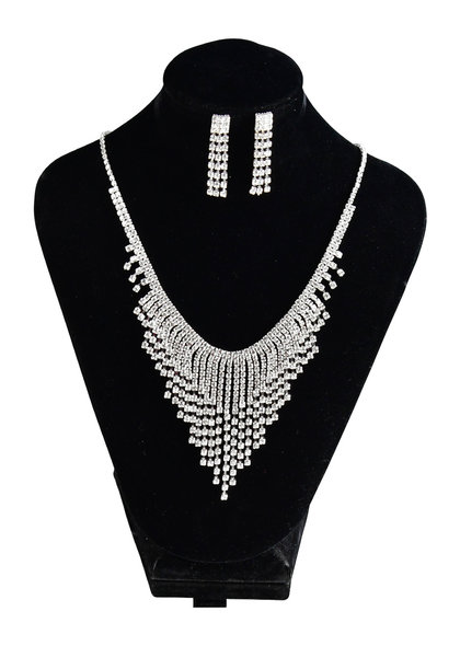 V-Fringe 3 Strand Rhinestone Necklace Set