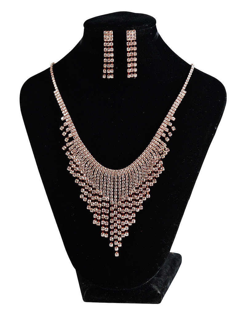 V-Fringe 3 Strand Rhinestone Necklace Set