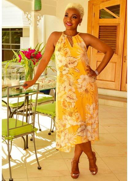 MLLE Gabrielle GINELLE- Printed Hi-Lo Dress with Keyhole & Tassel