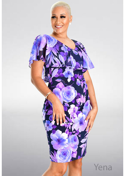 YENA- V-Neck Floral Print Caplet Dress