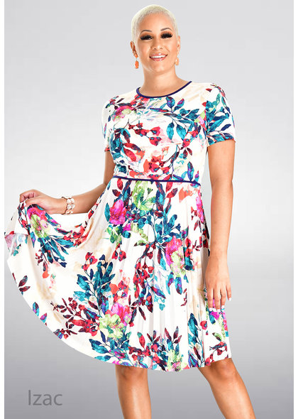 MAGGY LONDON IZAC- Printed Fit and Flare Pleated Dress