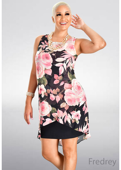 FREDREY- Sleeveless Floral Print Hi-Lo Dress