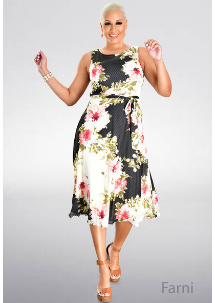 FARNI- Long Embossed Floral Print Dress