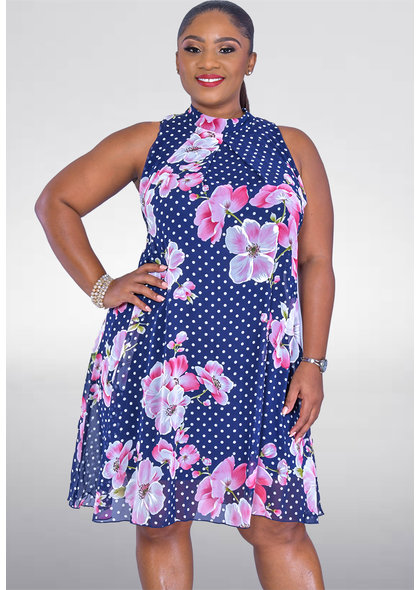 Signature FLAVIA- Floral and Polka Dot High Neckline Dress