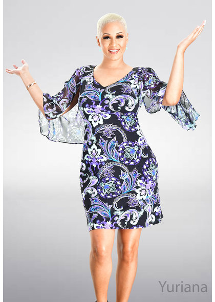 YURIANA- Printed Dress with Chiffon Sleeves