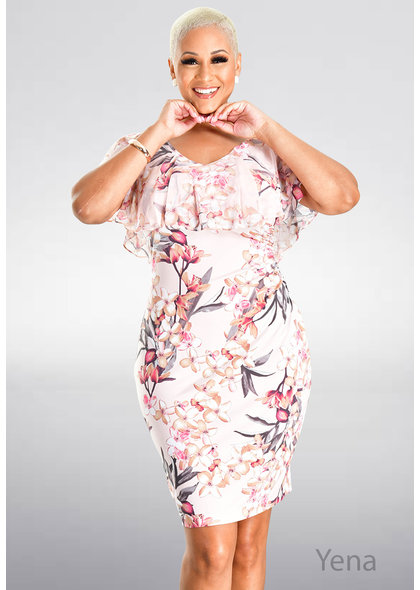 YENA- V-Neck Floral Print Caplet Dress