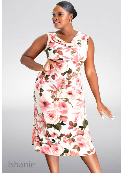 ISHANIE- Floral Print Cowl Neck Dress