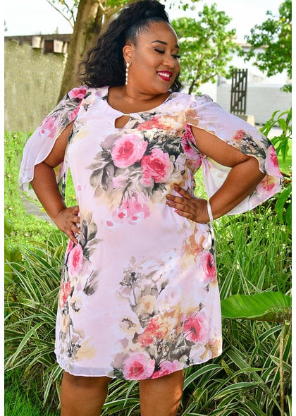 FRODIA- Plus Size Three Quarter Sleeve Floral Print Dress