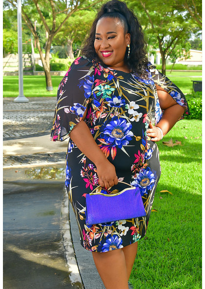 YESIA- Plus Size Printed Three Quarter Sleeve Dress