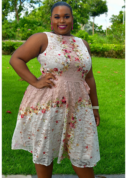 LINDY- Plus Size Lace floral Fit and Flare Dress