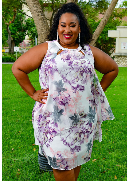 FAITH- Plus Size Chiffon Pearls and V-Neck Dress