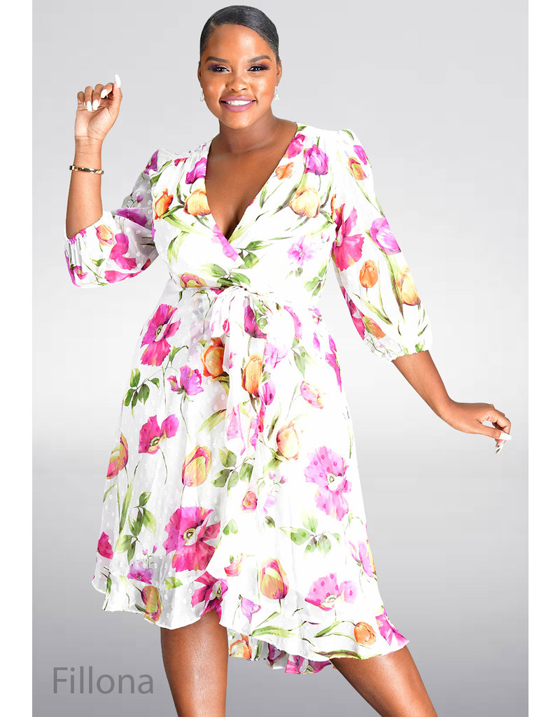 FILLONA- Floral Faux Wrap Dress with Ruffle Hem