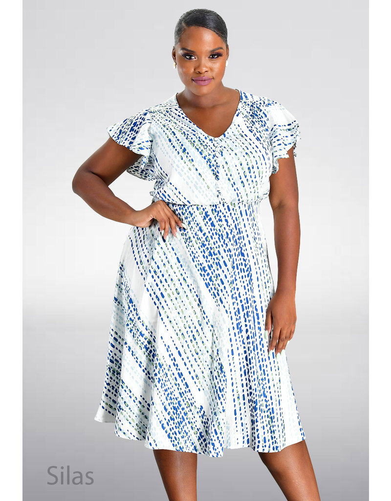 Maison Tara SILAS- V-Neck Printed Frill Sleeve Dress
