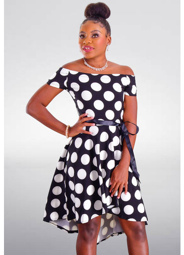 UGANA- Petite Polka Dot Hi-Lo Off Shoulder Dress