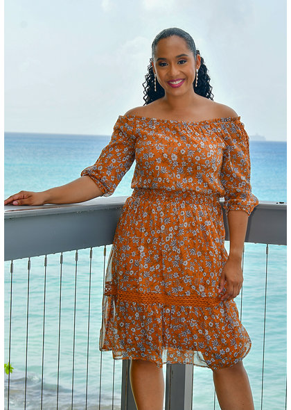 NY COLLECTION FLIMA-Printed Dress with Crochet Accents