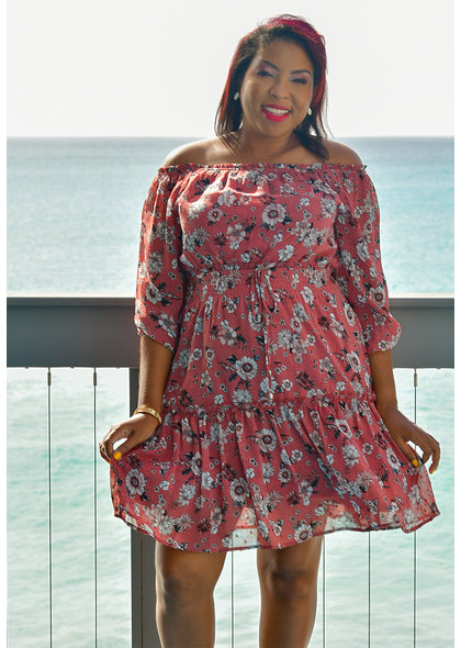 NY COLLECTION FURRY- Printed Dress with Smocking Accent
