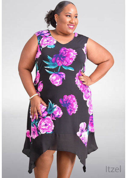 ITZEL- Plus Size Printed Cap Sleeve Handkerchief Dress