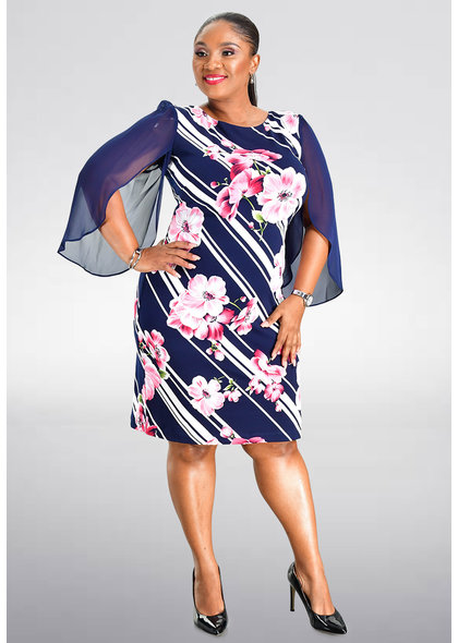 ISEDA- Plus Size Printed Dress with Sheer 3/4 Sleeves