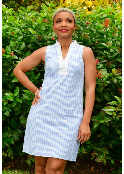 KACY- Pinstripe Shirt Dress with Embroidered at Neck