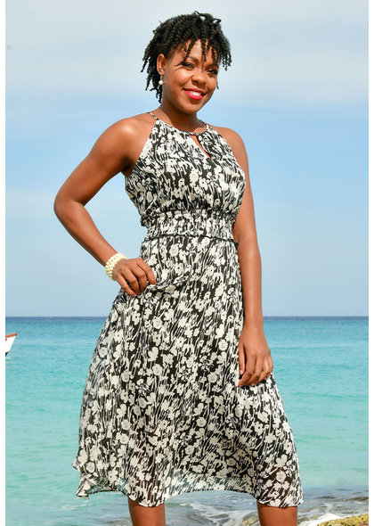 FERGIO- Maxi Length Strappy Print Dress with Elastic Waist