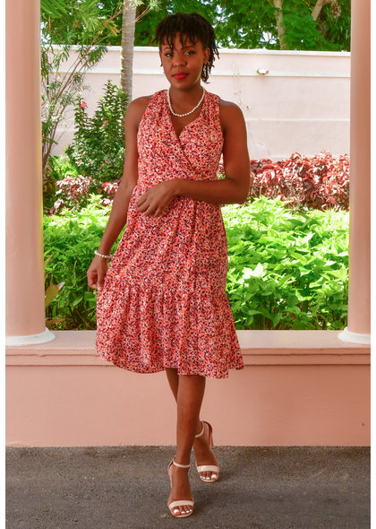 ROSHA- Floral Sleeveless Faux Wrap Dress