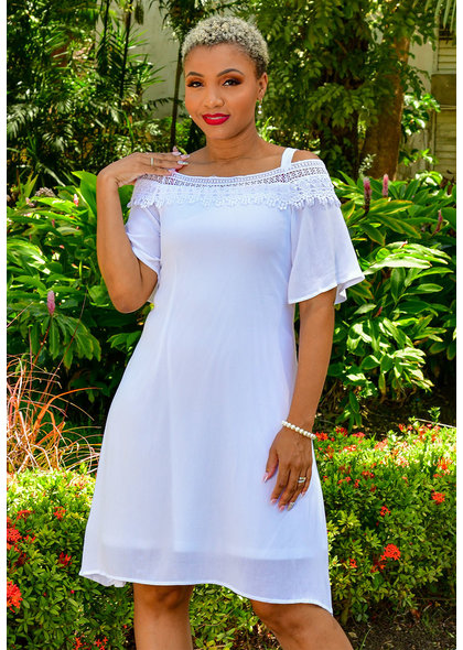 Nina Leonard KEAN- Off Shoulder Dress with Crochet Trim